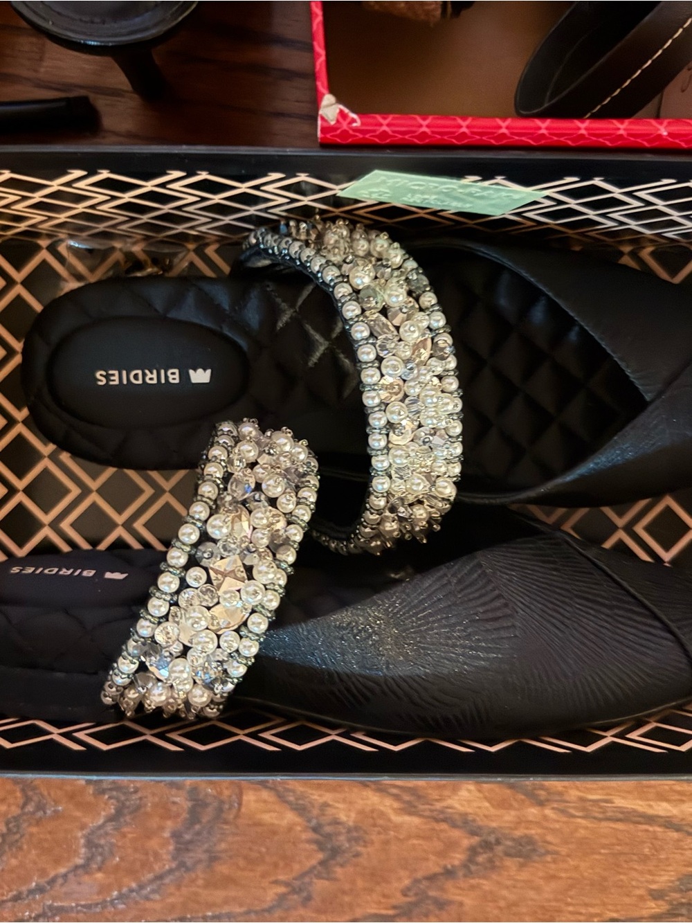 Birdies Black Slide Sandals with Crystal-Strap Embellishments